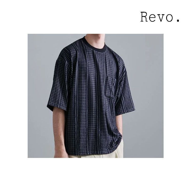 Revo. ジオメ ストライプ ジャガード カジュアル 5分袖 TEE ルーズシルエット 幾何学模様 ナチュラルスタイル ユニセックス セットアップ着用可能 通勤 通学 旅行 プレゼント