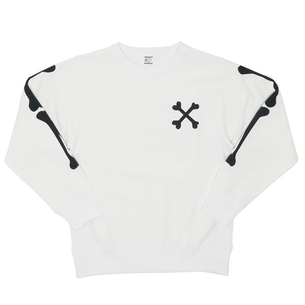 (バンソン) CROSS BONE SWEAT / バックドロップ別注 クロスボーン スウェット (ホワイト) 渋谷 バックドロップ 渋谷の老舗アメカジショップ the back drop コラボ ボーンプリント バイカー ストリート アメカジ 袖プリント