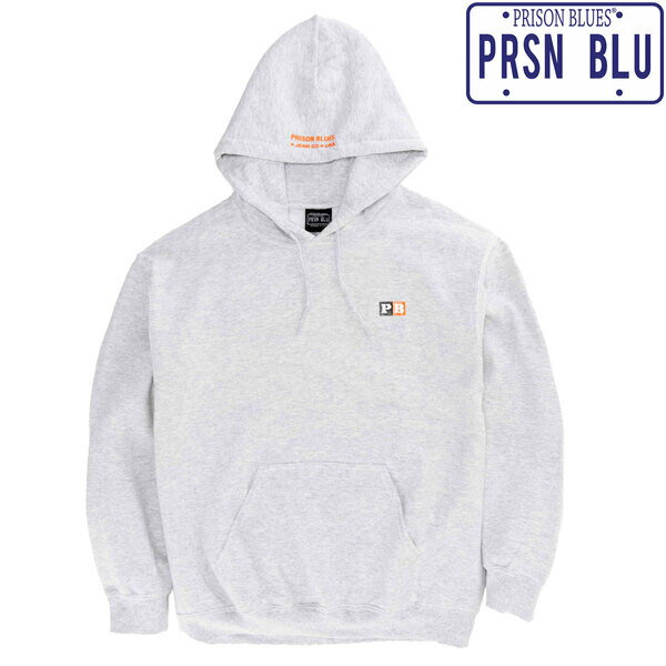 【PRISON BLUES】(プリズンブルース) LETTER BLOCK LOGO HOOD SWEAT SHIRT / レターブロックロゴ POパーカー (アッシュ) 渋谷アメカジ バックドロップ メンズ POパーカー ワンポイント アメリカ製