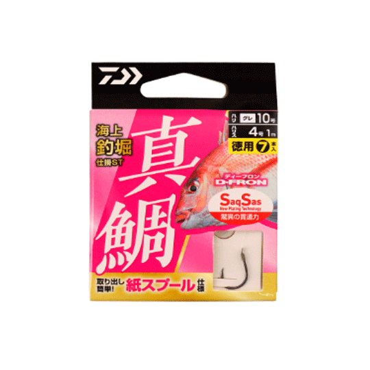 ダイワ　海上釣堀仕掛ST&nbsp;真鯛 徳用■入数:7★海上釣堀の新スタンダード。これさえ買えばOK! 真鯛セット・青物セットもラインナップ。糸付き針は、真鯛・青物・喰い渋りの3タイプをご用意。 真鯛は8号-2.5号～12号-4号まで、定番号数を中心に安定釣果を出す。 青物は活餌を使用しても掛かりしろがしっかりある伊勢尼針を使用しており、 合わせの苦手な初心者の方でもバレが少ない様な針を選択。 真鯛・青物は徳用もラインナップ。グループでのご使用や釣堀リピーターの方にオススメ。 喰い渋り時に最適な仕掛けも新しくラインナップ。 デイゲームの釣堀でも糸が見えづらいステルスピンク糸を使用し、針は針先がデュアルカットになり貫通力抜群のDカットグレを採用。 触れ掛かりを体現できる様な針を使用して喰い渋り状況とシマアジにはこちらの喰い渋り仕掛けがおススメ。 オキアミ餌を使用するサーモン釣りにも最適。 パッケージにも一工夫し、紙スプールにハリスをセット。 時合の針交換時もストレス無く針の取り出しが可能。 針は驚異の貫通力SaqSas仕様、ハリスはD-FRONを採用し素材に妥協は無い。 今回新たにセット品もラインナップ。 ウキ止め糸・ウキ・クッションゴムが入っており、仕掛けの取付方法も簡単！