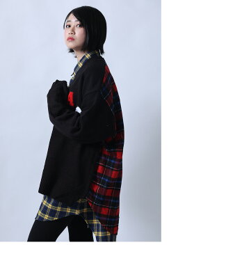 【AinSophAur】チェック切り替えV開きカーデ(男女兼用)■トップス アウター カーディガン ニットカーディガン 羽織 ニット シャツ ショート丈 メンズ レディース ユニセックス チェック ゆったり 大きいサイズ オーバーサイズ 大きい ざっくり 黒 秋冬 秋 冬 冬物 春 厚手