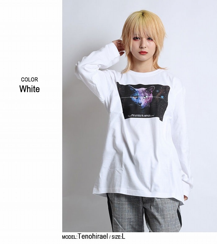 backside of tokyo（バックサイドオブトーキョー）ギャラクシーキャットロングTシャツ（男女兼用）■トップス 長袖Tシャツ クルーネック ネコ 猫 星 宇宙 スター プリント ストリート メンズ レディース ユニセックス