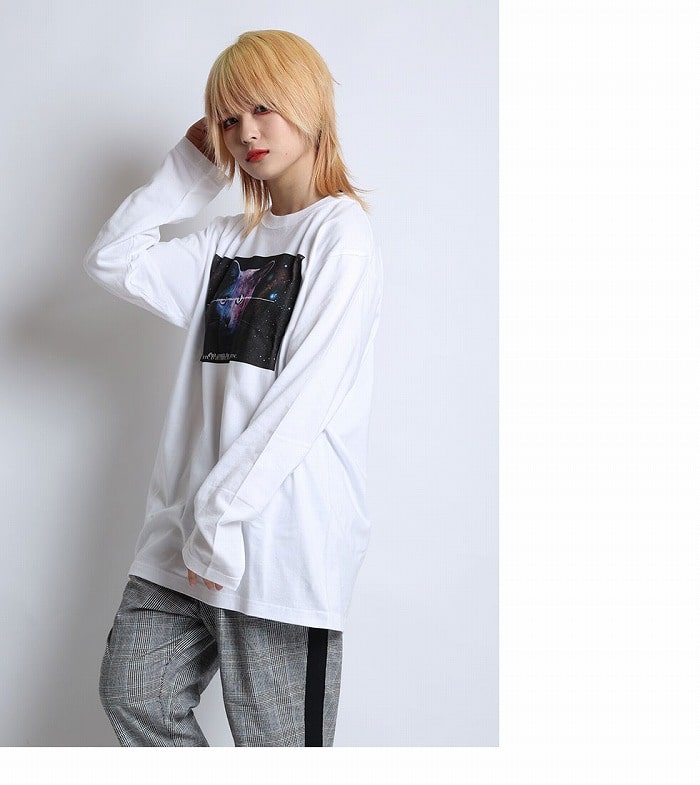 backside of tokyo（バックサイドオブトーキョー）ギャラクシーキャットロングTシャツ（男女兼用）■トップス 長袖Tシャツ クルーネック ネコ 猫 星 宇宙 スター プリント ストリート メンズ レディース ユニセックス