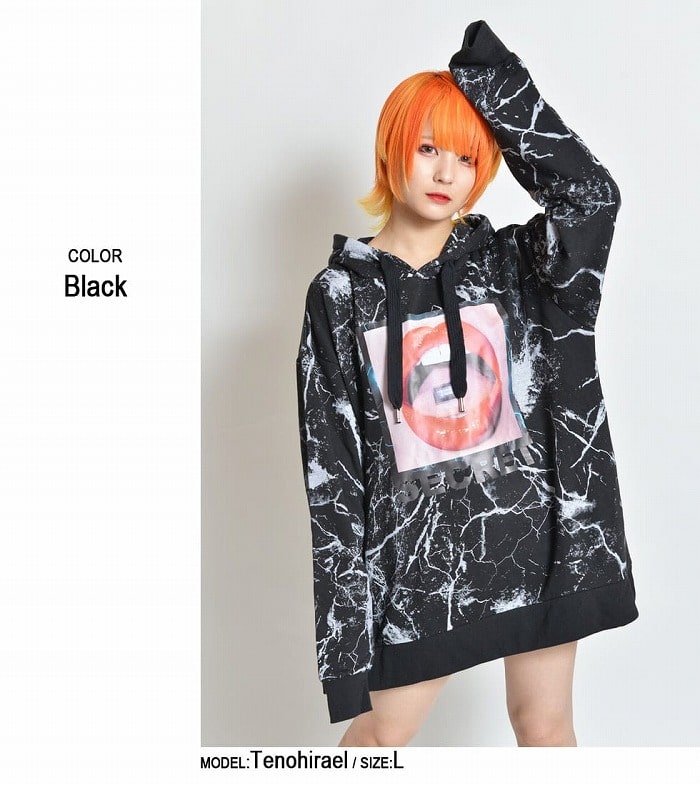 backside of tokyo バックサイドオブトーキョー リップフォトクラックビッグパーカー（男女兼用）■トップス プルパーカー ビッグシルエット 唇 プリント 総柄 フード ストリート カジュアル モード 大きいサイズ メンズ レディース ユニセックス ブランド おしゃれ