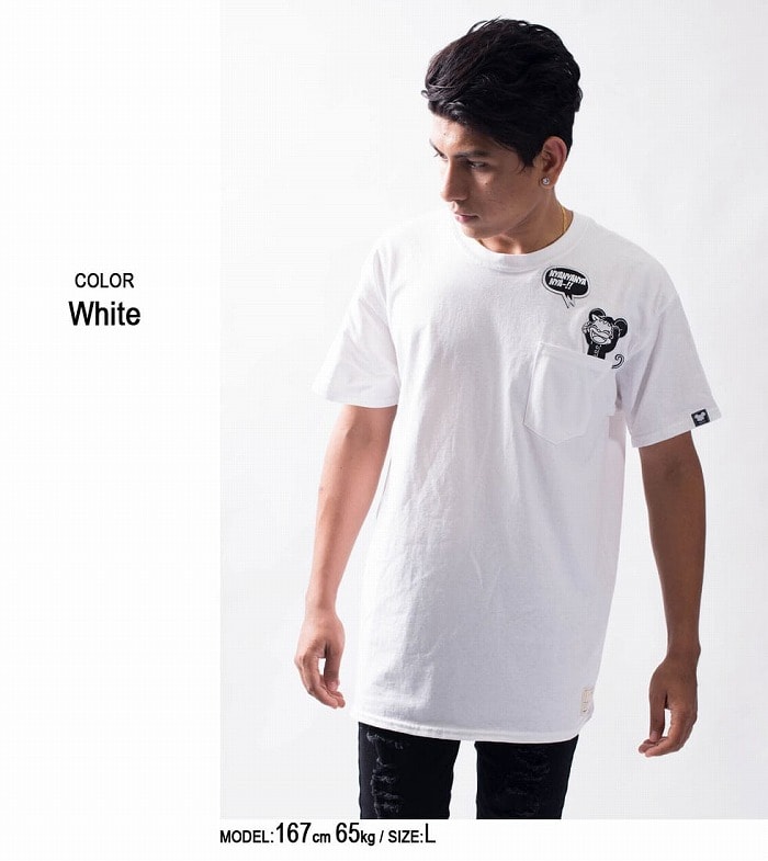 にゃんちゅう ニャンちゅう ワッペン ポケットTシャツ（男女兼用）■ 半袖 tシャツ トップス 猫 ねこ ネコ cat キャット ビッグtシャツ メンズ レディース おもしろ キャラクター プリント ゆったり 大きいサイズ ゆる ビッグトップス オリジナル 白 黒 wh コラボ パロディ