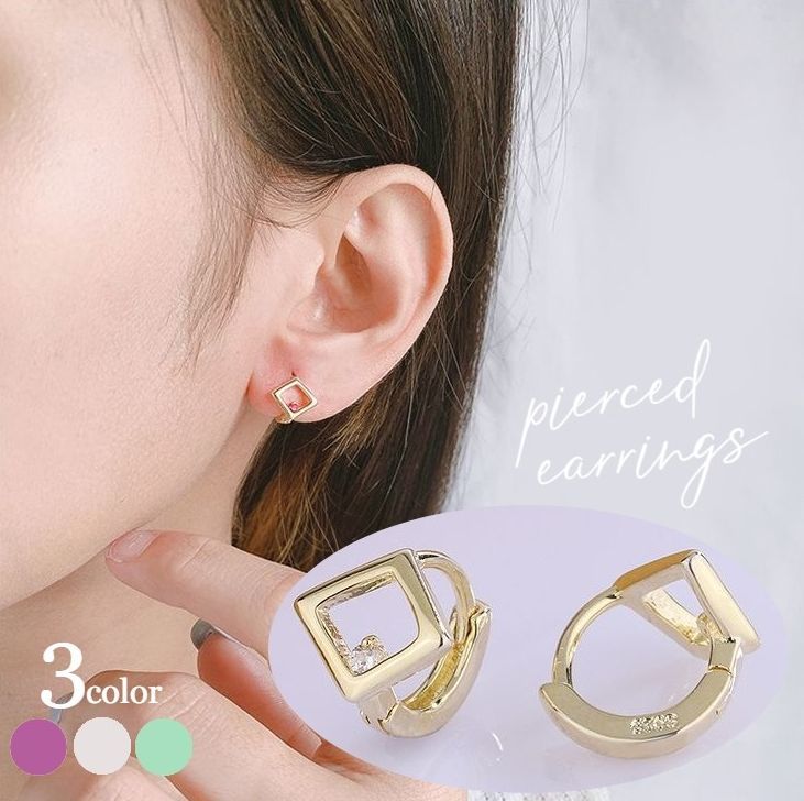 Cubic Zirconia - フープピアス レディース サークル リングタイプ 女性用 アクセサリー ゴールドカラー ラインストーン スクエア キューブ 小ぶり キラキラ 高見え 高級感 耳飾り キャッチ不要 おしゃれ かわいい 大人可愛い プレゼント 婦人 パーティー 2次会 結婚式 エレガント 上