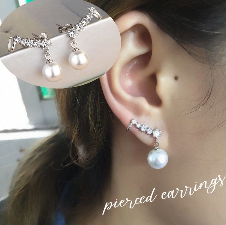 帕拉伊巴 - スタッドピアス イヤーカフ風ラインピアス レディース 女性用 アクセサリー シルバーカラー フェイクパール 大粒 ラインストーン キラキラ 高見え 上品 エレガント 揺れる カジュアル おしゃれ 大人可愛い かわいい キュート 耳飾り 普段使い 婦人 普段使い ファッ