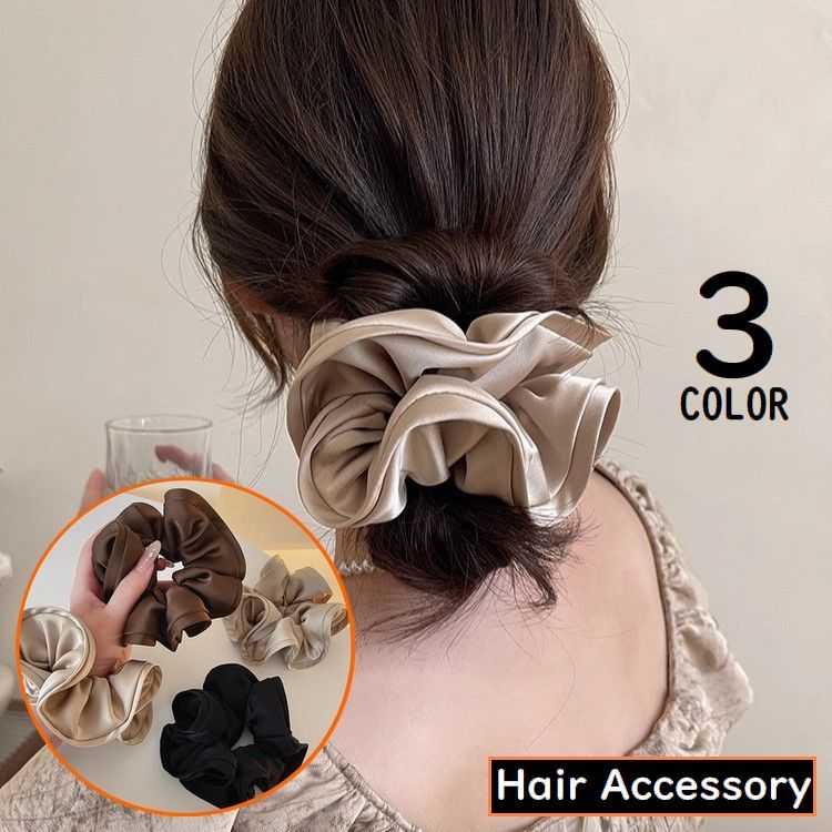 乐天商城 - シュシュ ヘアゴム レディース ヘアアクセサリー フリル 大きめ サテン風 光沢感 髪飾り 髪留め ヘアアレンジ まとめ髪 無地