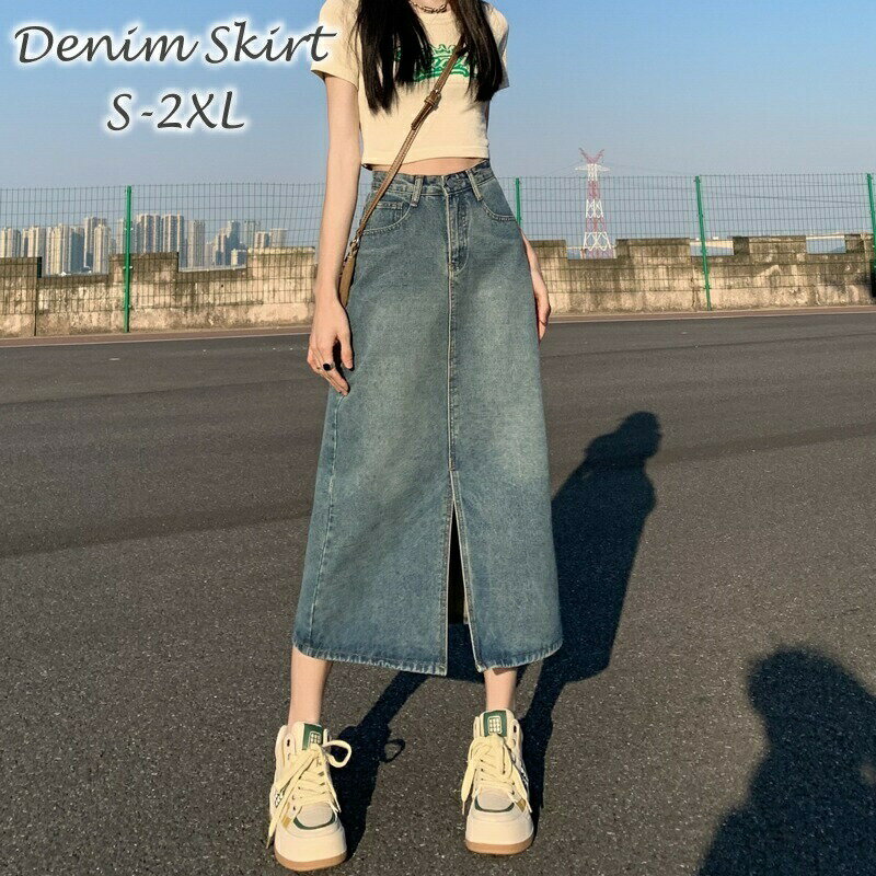乐天商城 - スカート デニム レディース 女性用 ボトムス ミモレ丈 ロング丈 無地 タイト 前スリット カジュアル おしゃれ シンプル 可愛い おでかけ 普段使い ボタン 大きいサイズ