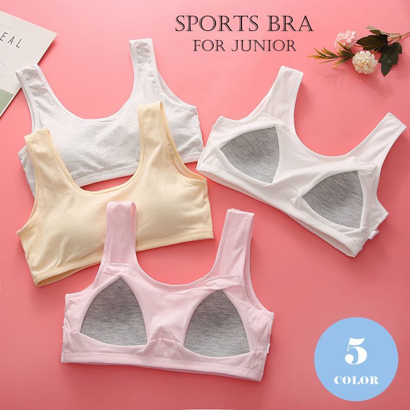 太めストラップのジュニア用スポーツブラです。5色からお選びいただけます♪ 【サイズについて】画像をご参照ください。 【カラーについて】生産ロットにより柄の出方や色の濃淡が異なる場合がございます。お使いのモニターや撮影時の光の加減などにより画像と実際の商品のカラーが異なる場合もございます。予告なしにカラーやデザインなどの変更がある場合もございます。 【素材について】綿混 【補足説明】※商品の性質上、手洗いでのお洗濯をお勧めしております。※色落ちする場合がございます。　手洗い後、ご着用くださいますようお願い致します。