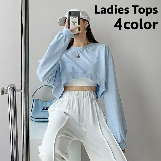 Other - トレーナー 長袖 クロップド丈 ショート丈 レディース 女性 トップス ラウンドネック ヘソ出し 肌見せ 無地 カジュアル 可愛い おしゃれ ゆったり お出かけ 部屋着 外出 旅行 婦人用