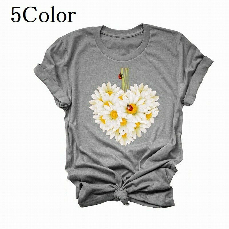 乐天商城 - Tシャツ レディース 半袖 カットソー トップス おしゃれ 可愛い プリント 花 てんとう虫 カジュアル クルーネック 丸首