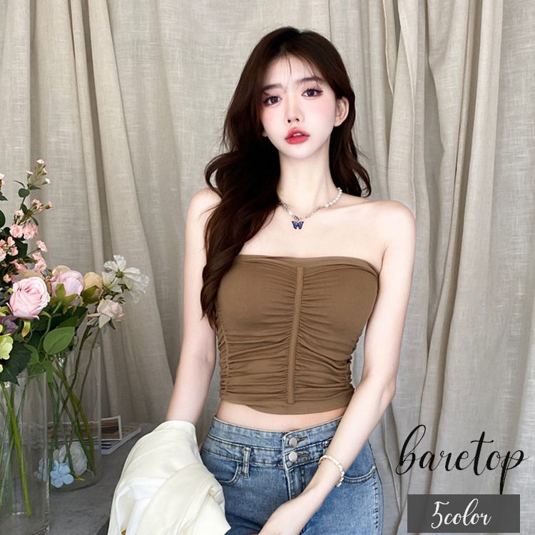 ベアトップ チューブトップ レディース 女性用 トップス カットソー シャーリング ギャザー 肩出し 無地 シンプル おしゃれ カジュアル..
