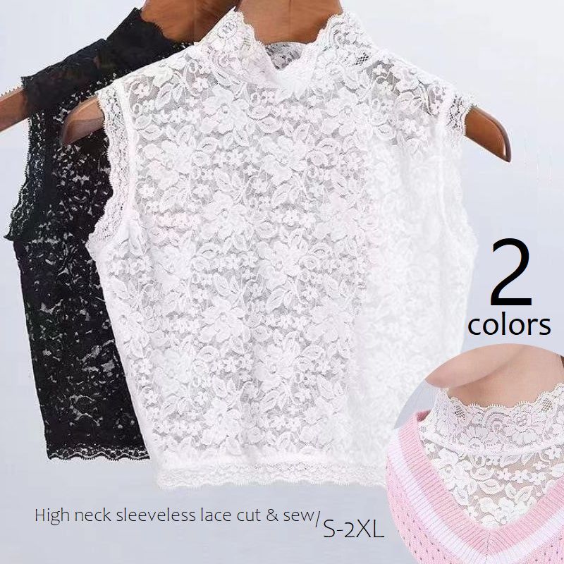 レースカットソー ハイネック ノースリーブトップス レディース 刺繍レース 袖なし 透け感 シースルー スカラップ タートルネック スリム インナー 重ね着 ブラック ホワイト
