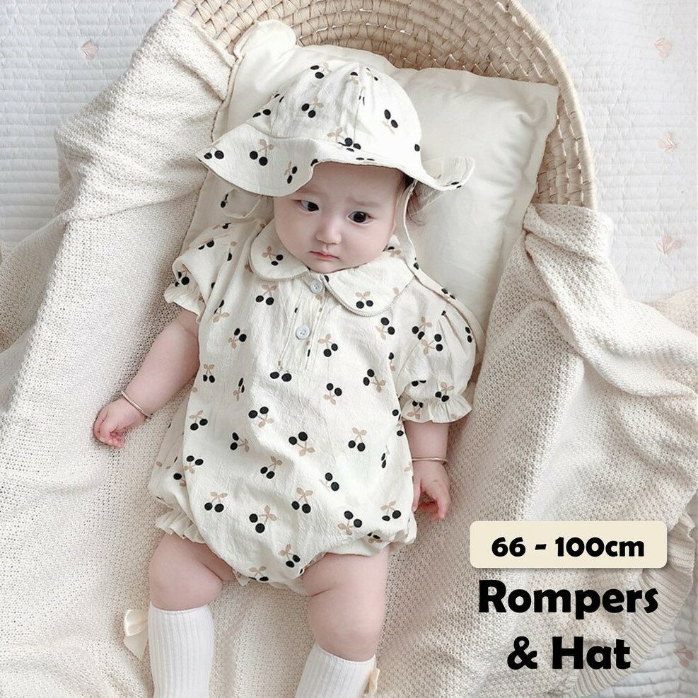 Rakuten - ロンパース カバーオール 半袖 帽子セット ぼうし ベビー服 ベビー キッズ 赤ちゃん 乳児 女の子 子供服 スナップボタン 襟付き さくらんぼ チェリー プリント 可愛い かわいい