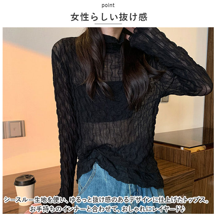 シースルー カットソー レディース 通販 長袖 シャツ 薄手 メッシュ レース シアー タートルネック フリルネック ハイネック 重ね着 レイヤード エレガント 透け カジュアル きれいめ 上品 かわいい トップス backyard-1-10351147 BACKYARD FAMILY バッグタウン サンプル画像3