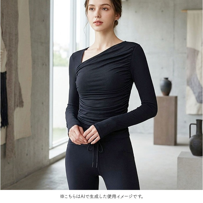 ヨガウェア トップス 長袖 好評 ジムウェア カップ付き ヨガトップス トレーニングウェア フィットネスウェア ピラティスウェア ホットヨガ スポーツウェア パット付き レディース 女性 ストレッチ おしゃれ 体型カバー デコルテ見せ アシンメトリー backyard-1-10407884 BACKYARD FAMILY バッグタウン サンプル画像3