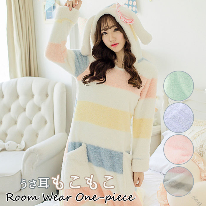 ルームウェア 冬 レディース 好評 もこもこ ワンピース うさ耳 フード付き 長袖 可愛い 大きいサ ...