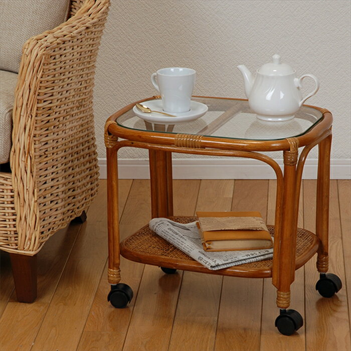 サイドテーブル おしゃれ 好評 ナイトテーブル RT-758 ガラステーブル サイドラック 籐 ラタン キャスター付き ガラス 天板 ローテーブル リビング 寝...