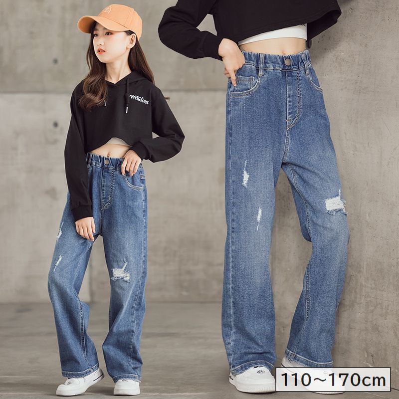樂天商城 - デニムパンツ キッズ ジュニア 子供服 男の子 女の子 ロングパンツ 長ズボン ジーンズ ジーパン ダメージ加工 穴あき ウエストゴム おしゃれ カジュアル 通園 通学 デイリー ボトムス ストレート ブルー 青