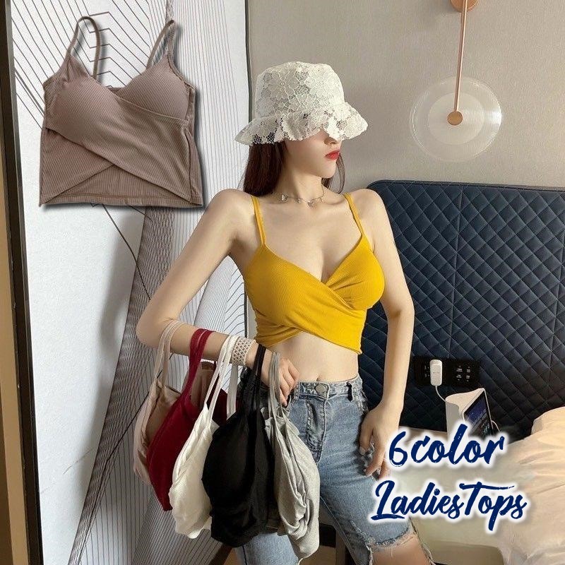 Camisoles - キャミソール トップス キャミソール ハーフトップ カップ付き ブラトップ レディース 女性 ブラキャミ カシュクール リブ シンプル 単色 かわいい おしゃれ インナー ノースリーブ クロスデザイン キャミブラ 婦人用