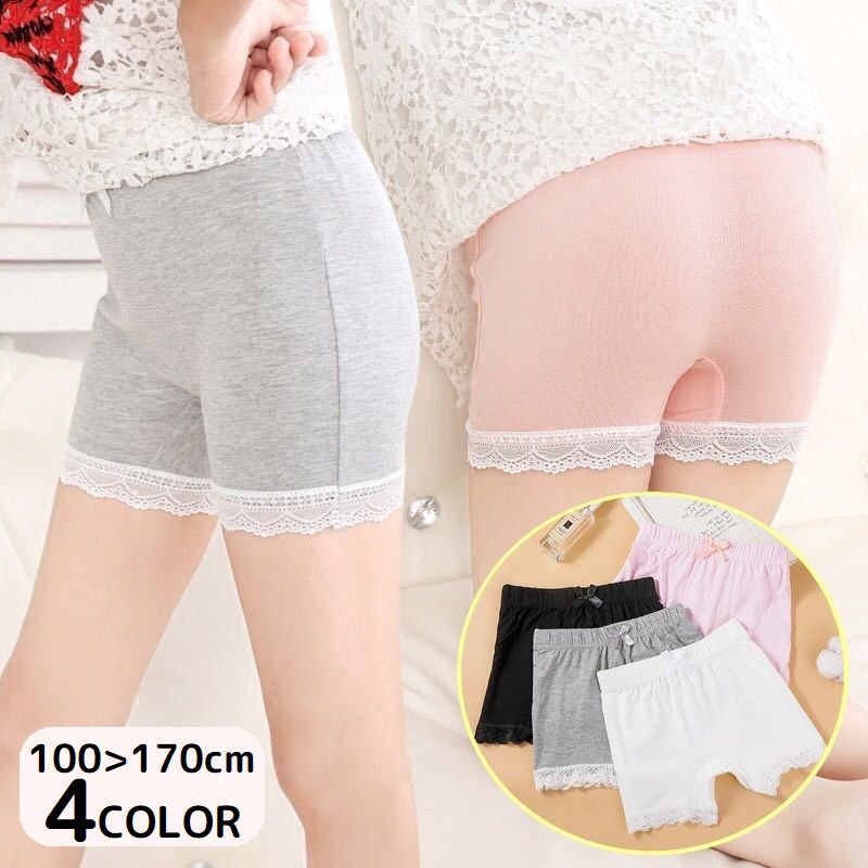 Shorts - オーバーパンツ 子供 キッズ ジュニア 女の子 インナーパンツ ペチパンツ 見せパン スパッツ 3分丈 無地 リボン レース 可愛い