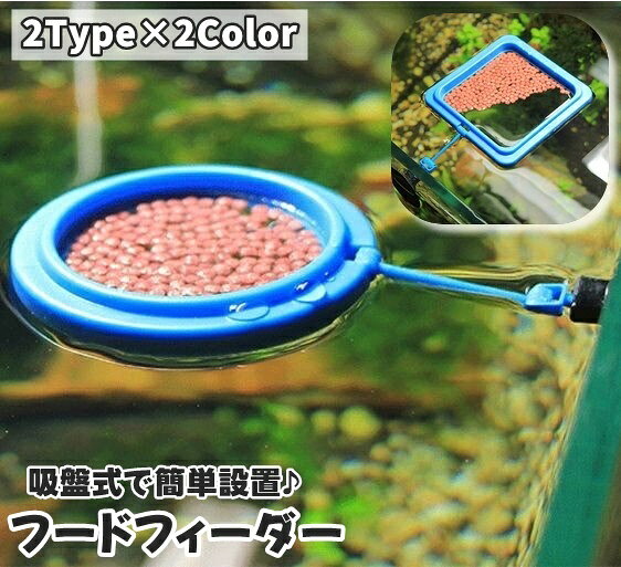 フードフィーダー フィーダーカップ 給餌器 餌拡散防止リング 水槽用 魚用 飼育用 吸盤付き 餌やり エサやり 汚さない 円形 ラウンド 正方形 四角 スクエア 浮かぶ 観察 金魚 メダカ アクアリウム 便利 シンプル 黒 青 ブラック ブルー