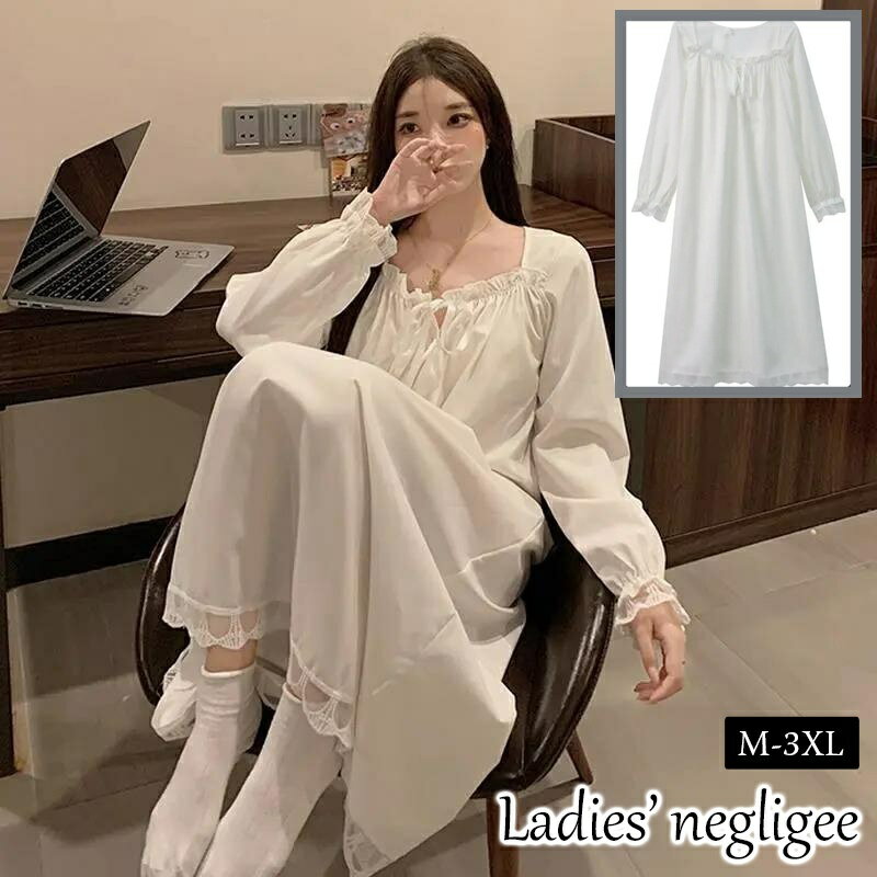 Negligees - ネグリジェ 長袖 レディース パジャマ ルームウェア ワンピース ロング プルオーバー フリル リボン レース ホワイト 白 大きいサイズ有り おしゃれ かわいい ガーリー フェミニン 姫系 大人可愛い 寝巻き 寝間着 部屋着