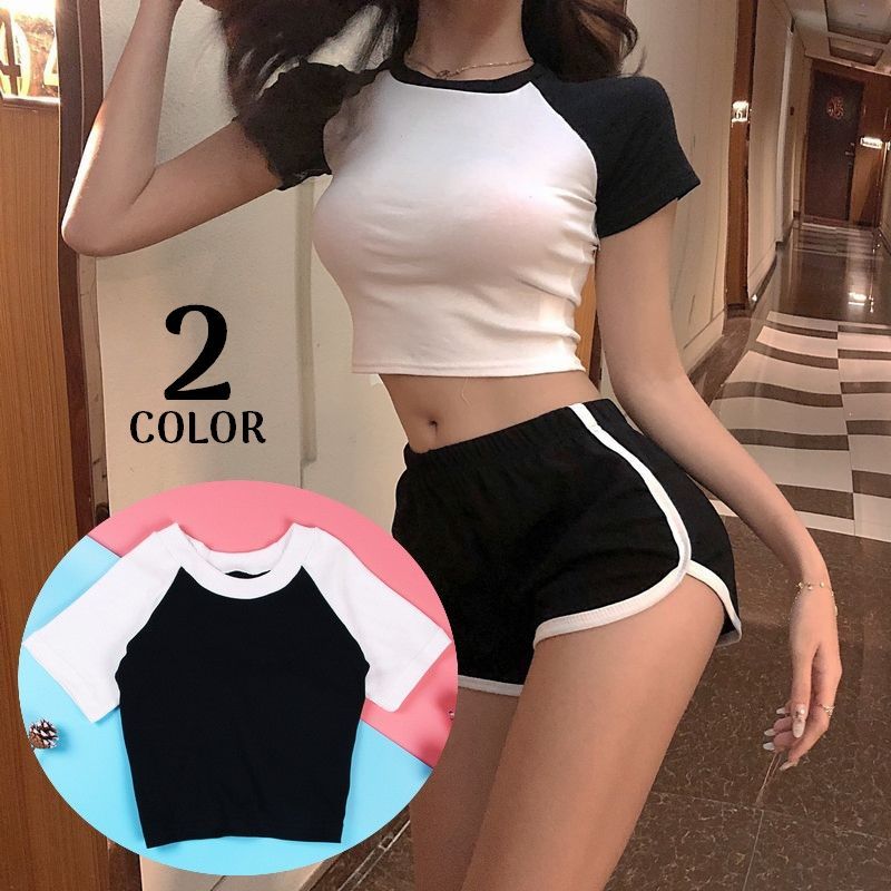 Three-Quarter - Tシャツ 半袖 ショート丈 レディース カットソー へそ出し 無地 バイカラー ダンス ヒップホップ タイト クルーネック 春夏