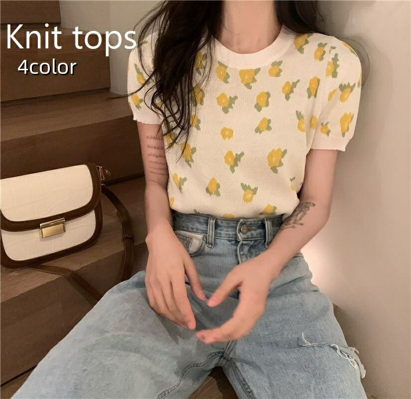 Rakuten - ニット レディース トップス 半袖 サマーニット セーター ラウンドネック 花柄 ショート丈 短い 短め かわいい おしゃれ ガーリー