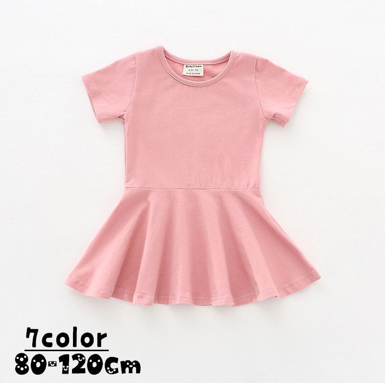 乐天商城 - ワンピース キッズファッション ラウンドネック 半袖 ミニ丈 薄手 女の子 おんなのこ 女児 シンプル 無地 春夏 涼しい ラフ カジュアル