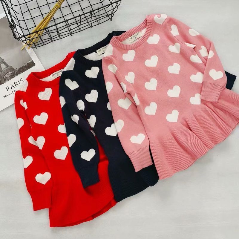 樂天商城 - キッズチュニックワンピース チュニックワンピース ニット 子供服 キッズ服 女の子用 ワンピース チュニック トップス 長袖 ラウンドネック ハート柄 ハート 裾フレア フレア 袖リブ 春 秋 冬 春秋 秋冬 可愛い かわいい オシャレ おしゃれ お洒落 ガーリー キュー