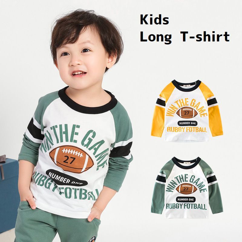 樂天商城 - 長袖 Tシャツ ラグラン ロンT キッズ 子ども 男の子 トップス 100cm 110cm 120cm 130cm 140cm 90cm グリーン ライン シンプル ラグビーボール 長袖カットソー 切り替え イラスト プリント 子供服 遊び着 カジュアル 着替え 小学生 幼稚園 保育園 着回し