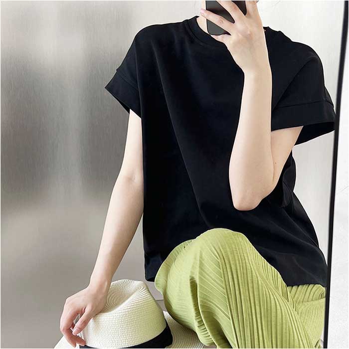 Tシャツ レディース 通販 カットソー tシャツ プルオーバー ブラウス フレンチスリーブ ノースリーブ ラウンドネック 無地 ゆったり 体型カバー きれいめ 上品 カジュアル フレンチ コットン 綿 大人 シンプル 春 夏 トップス オフィス backyard-10349292 BACKYARD FAMILY ママタウン サンプル画像3