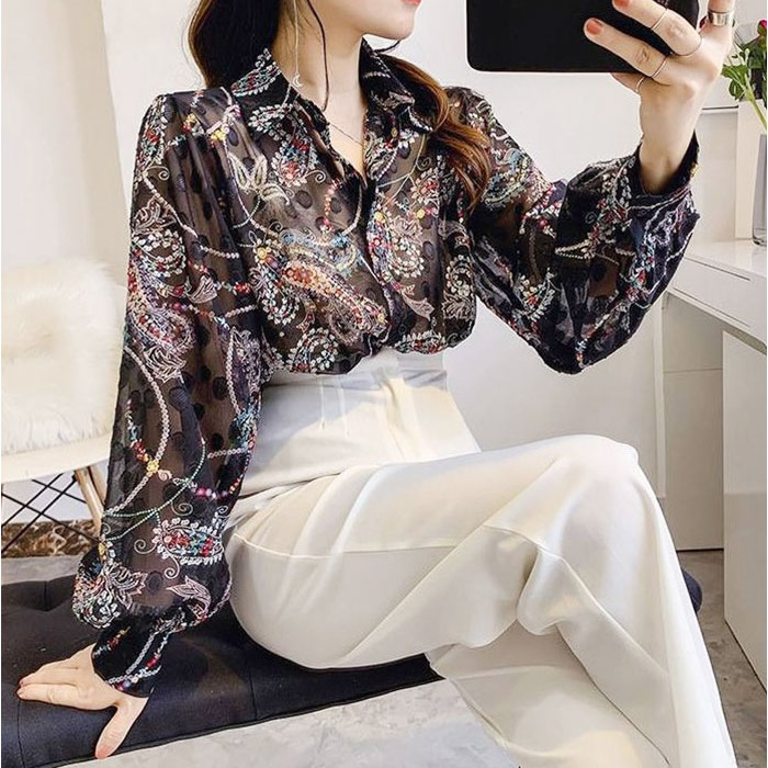 薄手 長袖 シャツ レディース 通販 ブラウス シャツブラウス トップス シアーシャツ 柄 花柄 柄シャツ 襟付き シアーブラウス 羽織り おしゃれ 春 夏 秋 大人 かわいい ゆったり きれいめ オフィス カジュアル オシャレ レディースファッション backyard-10368176 BACKYARD FAMILY ママタウン サンプル画像3