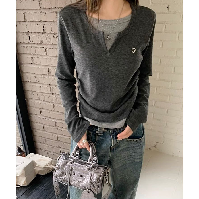 tシャツ レディース 長袖 通販 カットソー 重ね着風トップス レイヤード風ロンT カジュアル きれいめ無地 スリムフィット 通学通勤 あったか防寒 秋冬ファッション シンプルベーシック フェミニン 柔らかストレッチ ウンドネック トップス シンプル backyard-10418372 BACKYARD FAMILY ママタウン サンプル画像3