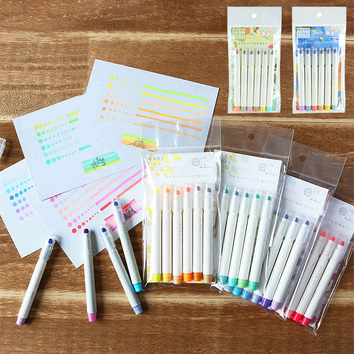 蛍光ペン 6色セット 太さ 調節 通販 マルライナー 書き出しスムーズ ぷにぷに プニプニ 弾力 自由自在 MARU liner まあるい ペン先 太い線 細い...
