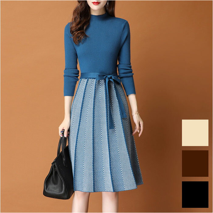 ニットワンピース ロング 長袖 通販 フォーマル Aライン ニット ワンピース マキシ丈 リボン ストライプ きれいめ フェミニン レディース 秋 冬 上品 おしゃれ 30代 40代