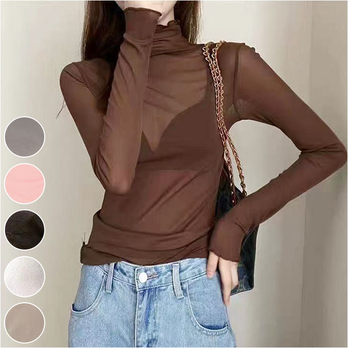 シースルー カットソー レディース 通販 長袖 シャツ 薄手 メッシュ レース シアー タートルネック フリルネック ハイネック 重ね着 レイヤード エレガント 透け カジュアル きれいめ 上品 かわいい トップス