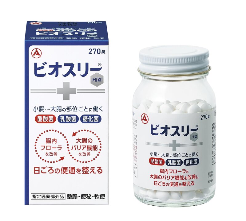 【3種の活性菌が生きたまま届く】ビオスリーは、乳酸菌やビフィズス菌を増やす糖化菌、腸の機能維持に必要な酪酸菌、酪酸菌の増殖を助ける乳酸菌の3種の活性菌が生きたまま届きます。腸内フローラと大腸バリアを改善し、日ごろの便通を整えます。 酪酸菌が産生する酪酸の効果】酪酸とは、大腸のエネルギー源となり、健康維持のサポートに欠かせない物質。それを産生するのが酪酸菌です。健康な便形成や便通を促す効果もあるため便秘や軟便にお困りの方にもおすすめです。 【こんな方にオススメ】・便秘がちなので何とかしたい。・お腹がゆるくなりやすい。・お腹の張りを改善したい。・腸内フローラと大腸バリアを改善して腸を整えたい。 【用法及び用量】・次の量を食後に服用してください。・成人(15歳以上)、1回量2錠、1日服用回数3回 ・5歳以上15歳未満、1回量1錠、1日服用回数3回 ※5歳未満、服用しないこと。 【効能および詳細】・効能:整腸、便秘、軟便、腹部膨満感 ・商品サイズ(幅×奥行×高さ) :5.0cmx5.0cmx9.9cm ・内容量:270錠・原産国:日本 安全警告 小児に服用させる場合には、保護者の指導監督のもとに服用させてください。 用法・用量を厳守してください。