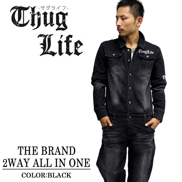 完売御礼　THUGLIFE / サグライフ オールインワン THUGLIFE ウォッシュドデニム 2WAYオールインワン ブラックB系 HIPHOP アウトロー メンズ ファッション ツナギ オールインワン デニム オーバーオール 半袖 長袖 ダメージ加工 ワーク