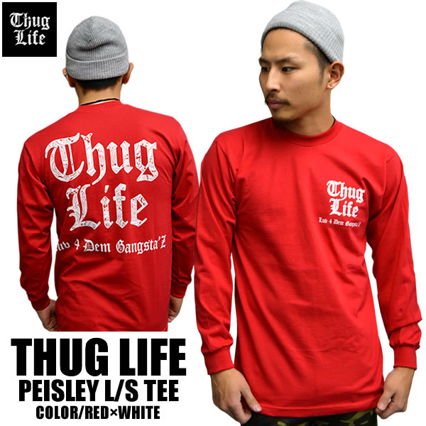 メンズ ファッション クルーネック 長袖Tシャツ THUGLIFE サグライフプロクラブPAISLEY LOGO ペイズリーロゴ ロングスリーブ レッド×ホワイトメンズ ファッション トップス Tシャツ thuglife 大きいサイズ ビッグサイズ