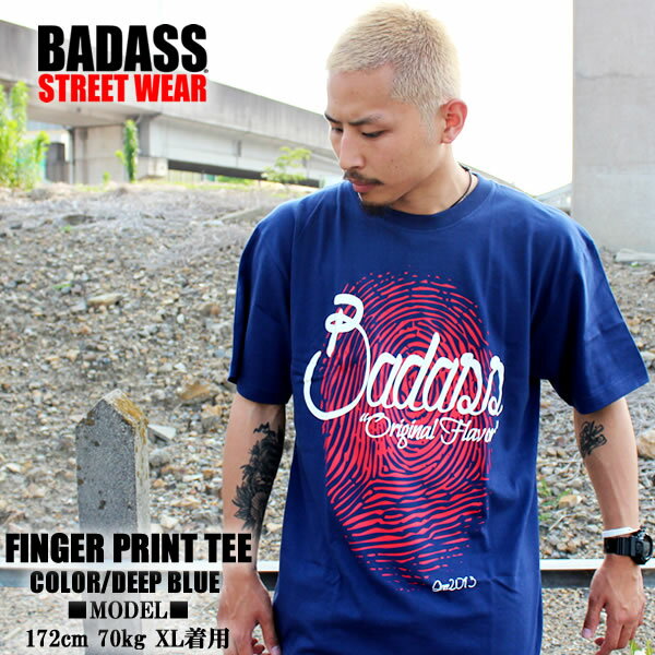 BADASS Finger print バダス 半袖 Tシャツ メンズ レディース ディープブルー×レッド メンズ スケート ストリート スノーボード ダンス　メンズ スポーツ ストリート系 HIPHOP ダンス 衣装 ペアルック