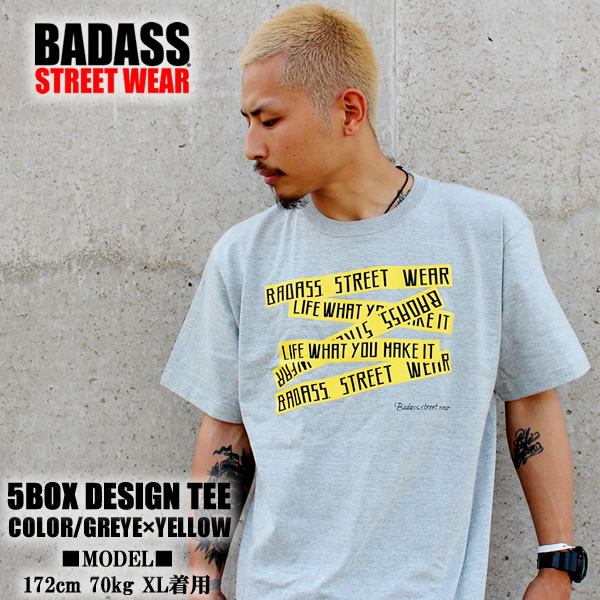 BADASS バダス 5BOX バダス Tシャツ グレー×イエロー 半袖 Tシャツ メンズ レディース メンズ スケート ストリート スノーボード ダンス　メンズ スポーツ ストリート系 HIPHOP ダンス 衣装 ペアルック