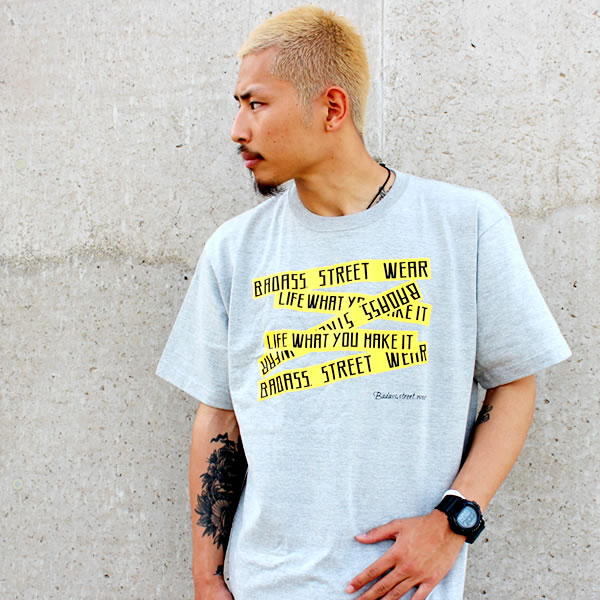 BADASS バダス 5BOX バダス Tシャツ グレー×イエロー 半袖 Tシャツ メンズ レディース メンズ スケート ストリート スノーボード ダンス　メンズ スポーツ ストリート系 HIPHOP ダンス 衣装 ペアルック