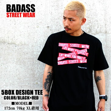 BADASS バダス 5BOX バダス Tシャツ ブラック×レッド 半袖 Tシャツ メンズ レディース メンズ スケート ストリート スノーボード ダンス　メンズ スポーツ ストリート系 HIPHOP ダンス 衣装 ペアルック