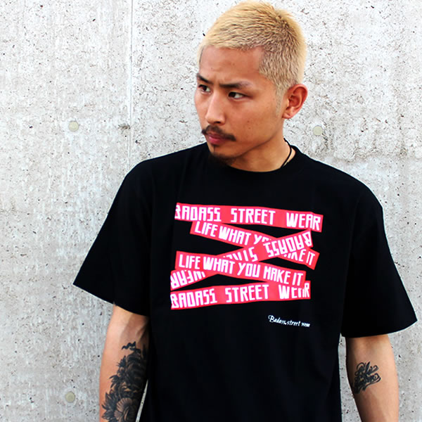 BADASS バダス 5BOX バダス Tシャツ ブラック×レッド 半袖 Tシャツ メンズ レディース メンズ スケート ストリート スノーボード ダンス　メンズ スポーツ ストリート系 HIPHOP ダンス 衣装 ペアルック