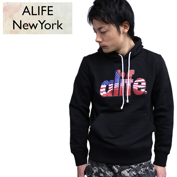 alife エーライフ パーカー INFYNITY FLAG 黒 プルオーバー　スウェット スエット フード トレーナー 無地 ロゴ 総柄 長袖 プリント トップス ストリート系ファッション　メンズ　レディース ペアルック men's 国旗 あす楽 星条旗