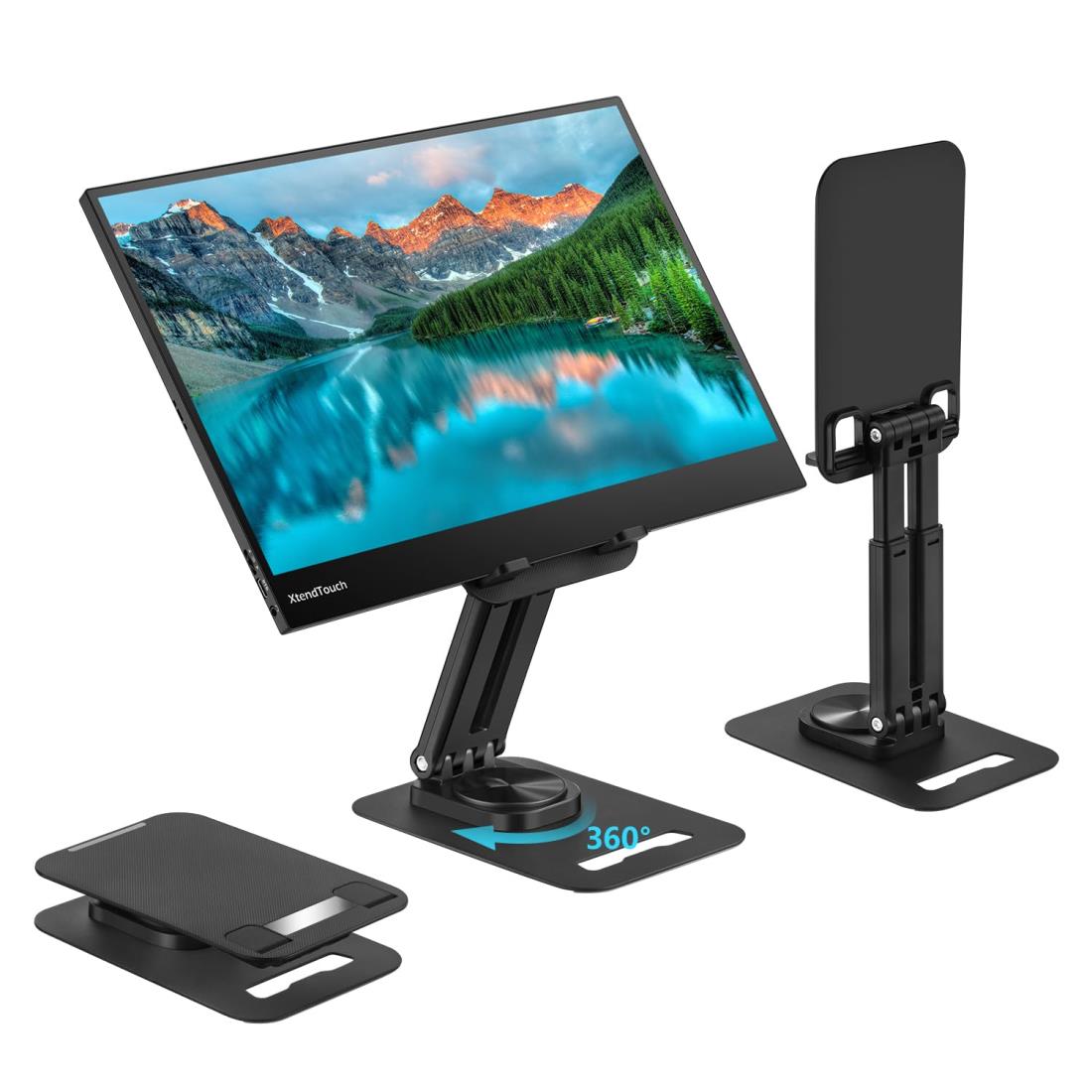 商品名：モバイルモニタースタンド 360度回転 タブレットスタンド 折りたたみ式 卓上 横縦置き 高度調整可能 充電可スタンド タブレット置き台 滑り止め 人間工学設計 携帯式 収納便利【最新版&amp;360回転式タブレットスタンド】人間工学に基づいて設計により、どの角度と高さでもお好きな姿勢で調整できます。会社でも自宅でも、机と椅子の不便な高さから解放され、快適な角度で楽に作業できます。特に仕事の打ち合わせでは、同僚の皆さんとデータを共有でき、スタンドを動かさずに360度回転できます。同僚間のインタラクティブ性を高め、仕事の効率を高めることができます。【二極アルミ合金製&amp;頑丈スタンド 】iPadスタンドの材質はアルミ合金製+ABSプラスチック+シリカゲル。高級感のアルミ合金採用を採用しており、デバイスをしっかり固定し、擦り傷から保護できます。また、本体底面の滑り止め保護ゴム付。【幅広い対応機種】約7－17インチのタブレットに対応します。【折り畳み式スタンド】折りたたみ後、サイズは11.7*17cm、厚さ3.86cmだけです。角度が自由に変えられる。完全に折り畳み可能なデザインです。特に多様なシーンに対応できる。 オフ ィスデスク キッチン &nbsp;ナイトテーブル &nbsp;食卓に適用 。収納と持ち運びはいつも便利です。【最高の贈り物 】このタブレットスタンドは両親や友人のための良い贈り物です。プレゼントとして最適！もし、製品に不具合が生じた場合は、にして交換、することができます。 ご安心してください。、ご遠慮なくしてください。