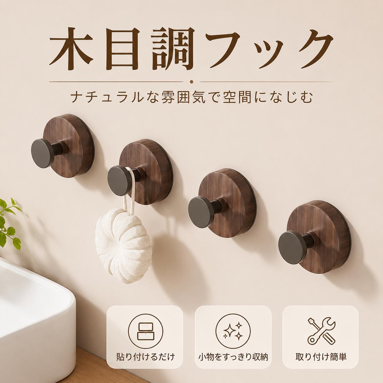 穴あけ不要で取り付けやすい、ウォールナット調デザインの粘着式収納フックです。玄関、キッチン、洗面所、クローゼットまわりで、帽子、バッグ、小物、衣類などをすっきり掛けられます。特徴落ち着いた木目調デザインで、室内になじみやすい見た目です。粘着式のため、壁やドアに穴を開けずに設置できます。玄関、キッチン、洗面所、クローゼットなど複数の場所で使えます。セット数を選べるため、使う場所に合わせて増やせます。仕様タイプ：ウォールナット調 ノブ型セット内容:2個、3個、4個、5個、8個など用途：バッグ、帽子、衣類、小物の一時掛け設置方法：貼り付け式使用上の注意取り付け前に設置面の汚れや水分を拭き取ってください。凹凸面、湿気の多い場所、壁紙の種類によっては十分に固定できない場合があります。貴重品や壊れやすい物を掛ける用途には注意してください。
